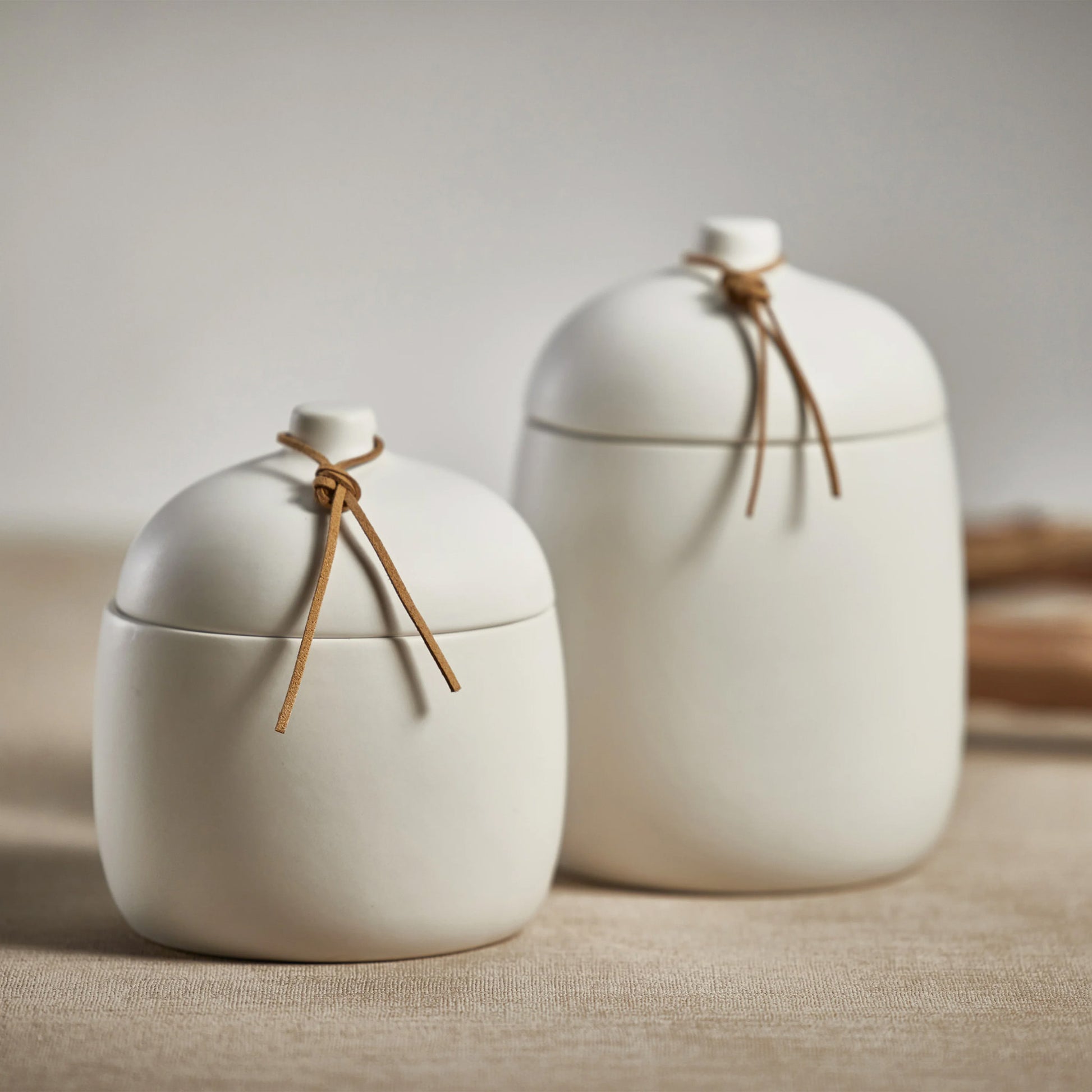 Large Ceramic Canister with Leather Tie